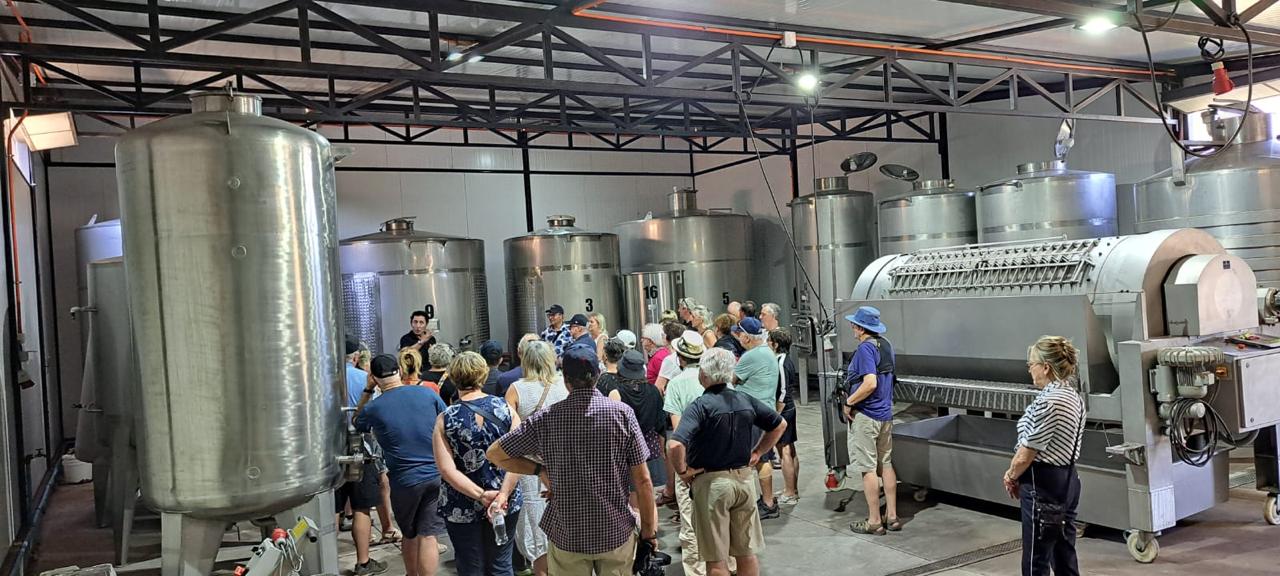 Visitando la sala de cubas de fermentación