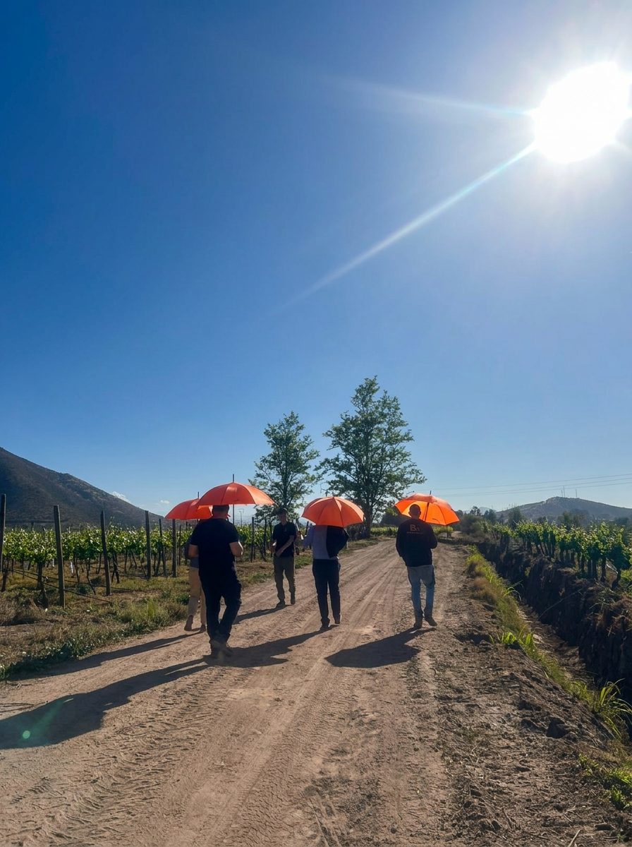 Grupo de visitantes recorriendo el viñedo de Besoain Wines con sombrillas durante un tour guiado en el Valle del Maipo