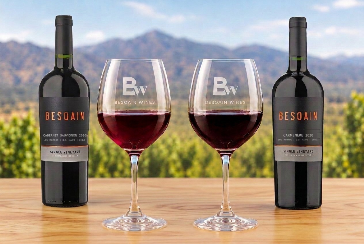 Copas de Cabernet Sauvignon y Carménère junto a sus botellas Besoain, con los viñedos y la cordillera del Maipo al fondo